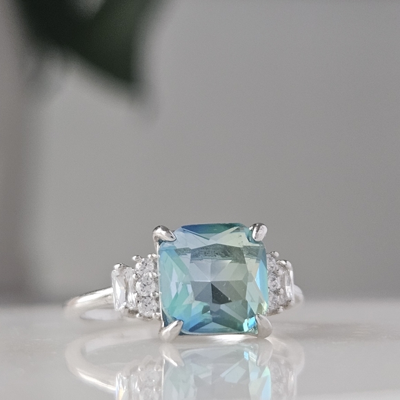 Blue & Teal Aquamarine Cushion Square Gemstone Ring, 925 Sterling Silver - Picture 5 of 5